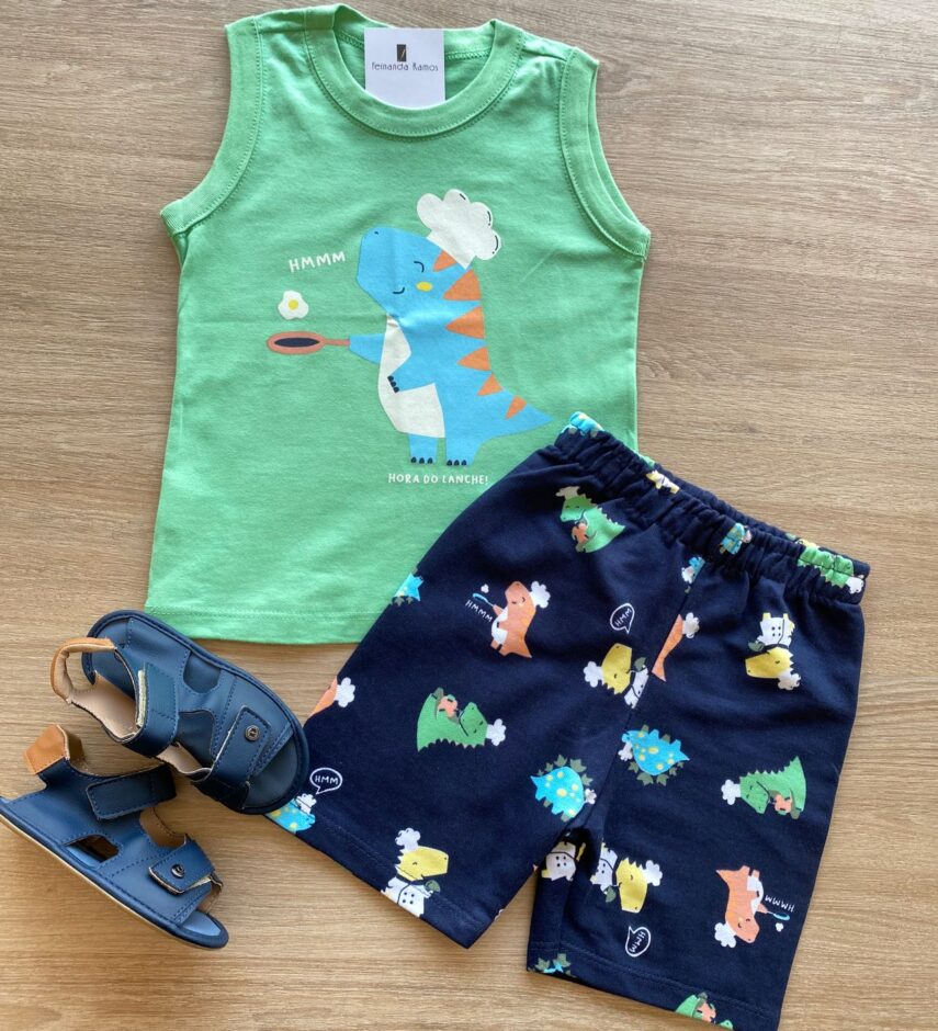 Conjunto Infantil Masculino Regata Verde Estampada e Bermuda Azul Fernanda Ramos Kids