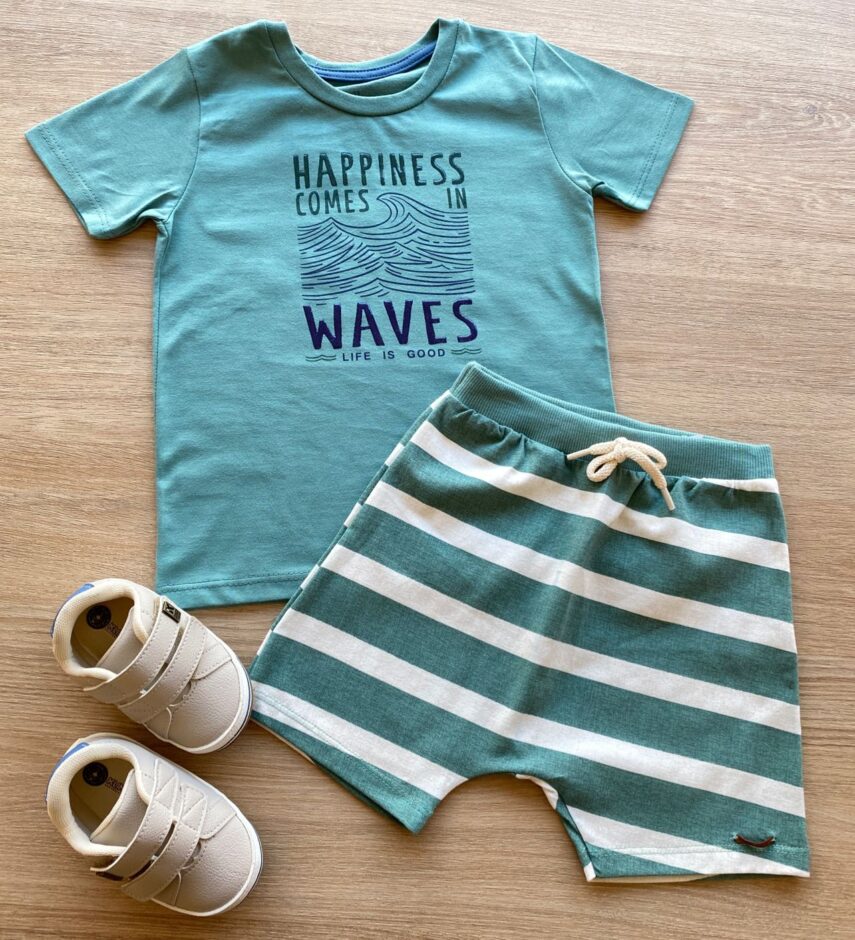 Conjunto Infantil Masculino Verde Camiseta Happiness e Bermuda Listrada Fernanda Ramos Kids