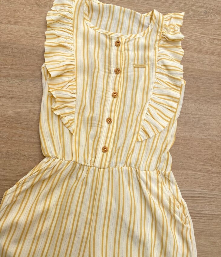fernandaramosstore com br Macacão Infantil Feminino com Botões Listrado Amarelo 1