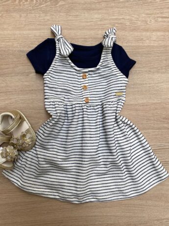 Vestido com Blusa Infantil Feminino Off White com Azul Marinho Fernanda Ramos Kids