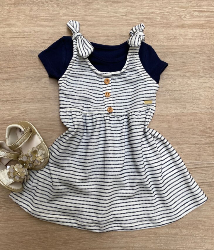 Vestido com Blusa Infantil Feminino Off White com Azul Marinho Fernanda Ramos Kids