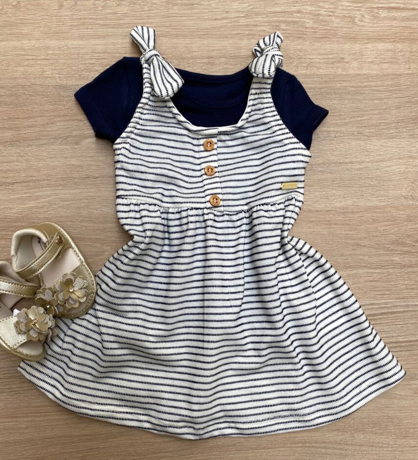 Vestido com Blusa Infantil Feminino Off White com Azul Marinho Fernanda Ramos Kids