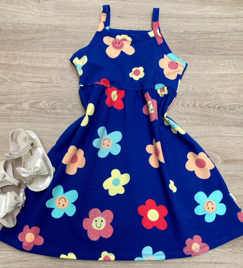 Vestido Infantil Feminino Alcinha Estampado Azul Fernanda Ramos Kids