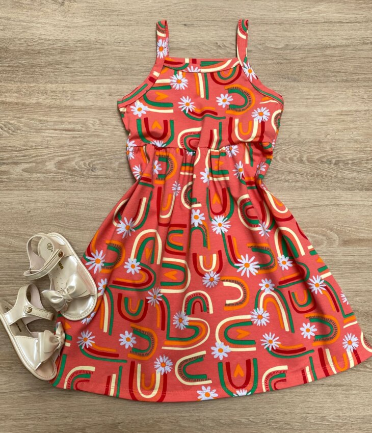Vestido Infantil Feminino Alcinha Estampado Laranja Fernanda Ramos Kids