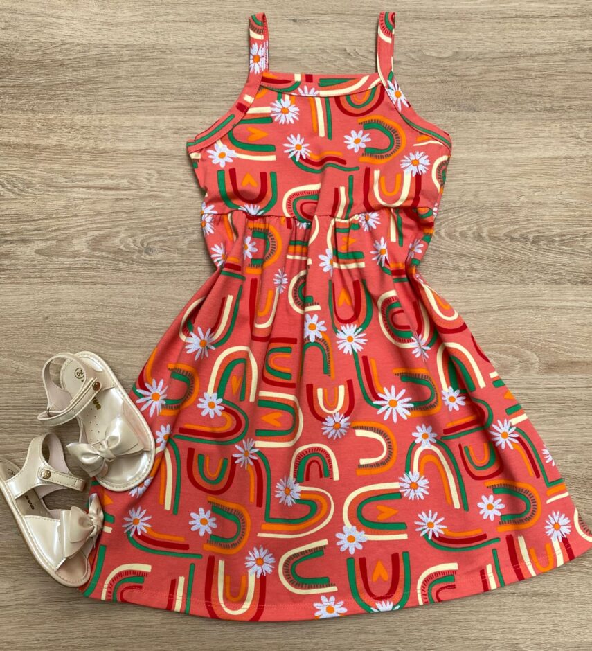 Vestido Infantil Feminino Alcinha Estampado Laranja Fernanda Ramos Kids