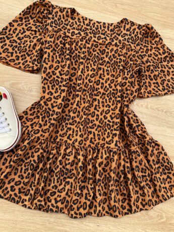 fernandaramoskids com br Vestido Infantil Feminino Animal Print Manga Curta Marrom Escuro 1