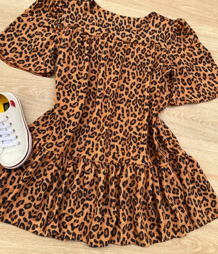 fernandaramoskids com br Vestido Infantil Feminino Animal Print Manga Curta Marrom Escuro 1