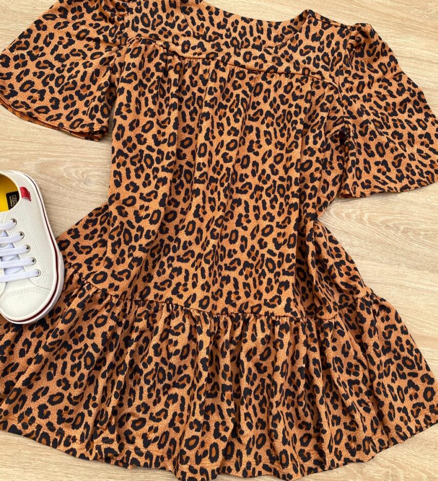 fernandaramoskids com br Vestido Infantil Feminino Animal Print Manga Curta Marrom Escuro 1