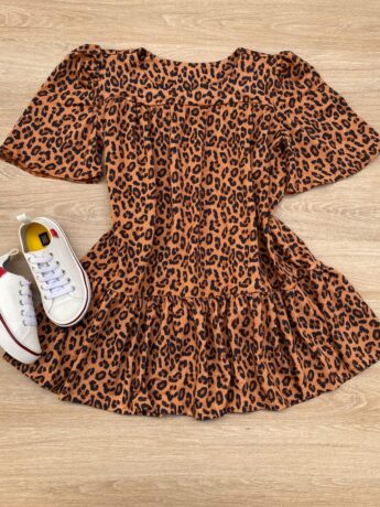 Vestido Infantil Feminino Animal Print Manga Curta Marrom Escuro Fernanda Ramos Kids