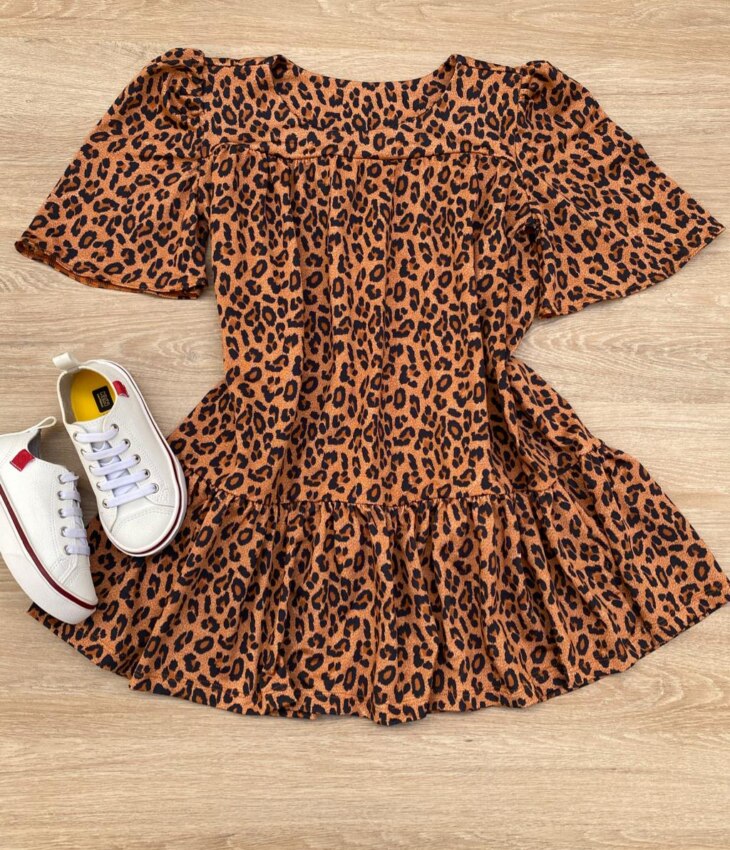 Vestido Infantil Feminino Animal Print Manga Curta Marrom Escuro Fernanda Ramos Kids