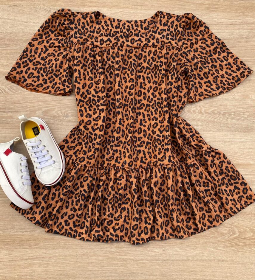 Vestido Infantil Feminino Animal Print Manga Curta Marrom Escuro Fernanda Ramos Kids