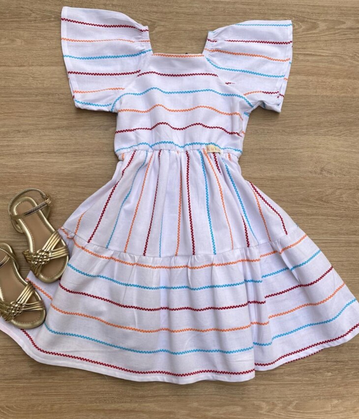 Vestido Infantil Feminino Bordado Colorido Branco Fernanda Ramos Kids