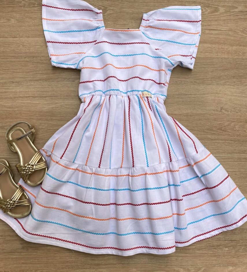 Vestido Infantil Feminino Bordado Colorido Branco Fernanda Ramos Kids