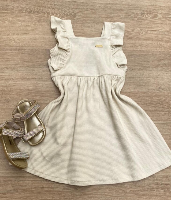 Vestido Infantil Feminino com Babado Bege Fernanda Ramos Kids