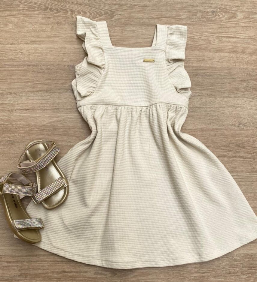 Vestido Infantil Feminino com Babado Bege Fernanda Ramos Kids