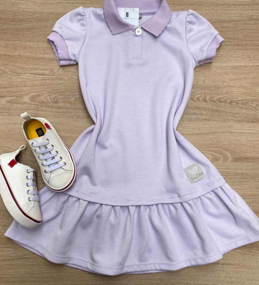 Vestido Infantil Feminino com Gola Polo Lilás Fernanda Ramos Kids