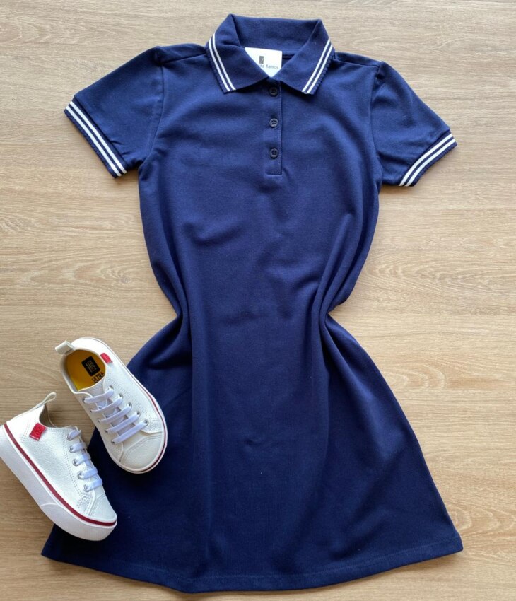 Vestido Infantil Feminino com Gola Polo Malha Piquet Azul Marinho Fernanda Ramos Store