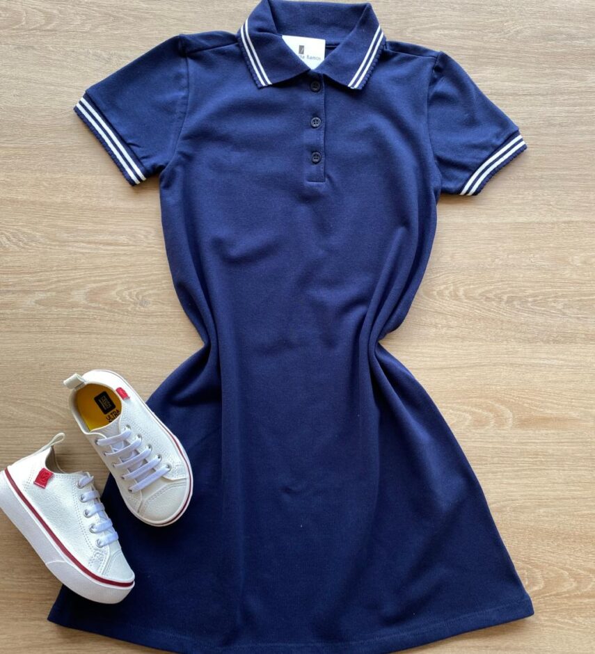 Vestido Infantil Feminino com Gola Polo Malha Piquet Azul Marinho Fernanda Ramos Store