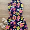 Vestido Infantil Feminino Curto Estampa Floral Fundo Azul Marinho Fernanda Ramos Kids