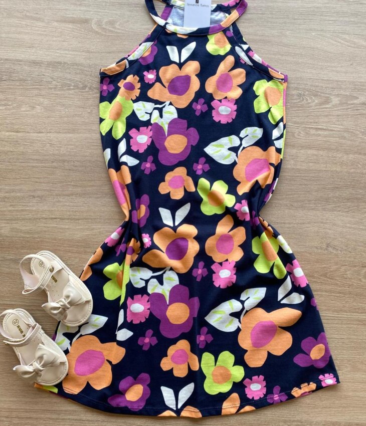 Vestido Infantil Feminino Curto Estampa Floral Fundo Azul Marinho Fernanda Ramos Kids