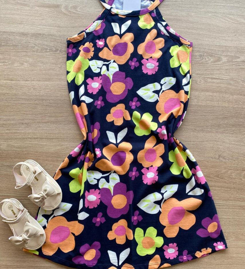 Vestido Infantil Feminino Curto Estampa Floral Fundo Azul Marinho Fernanda Ramos Kids