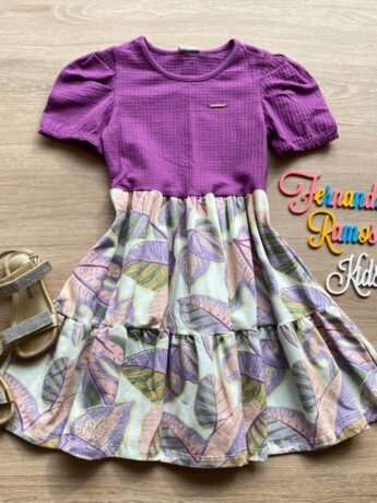 Vestido Infantil Feminino Curto Fúcsia Estampado Fernanda Ramos Kids