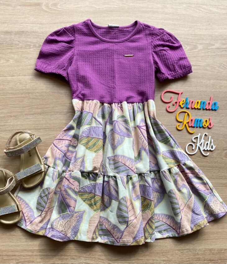 Vestido Infantil Feminino Curto Fúcsia Estampado Fernanda Ramos Kids