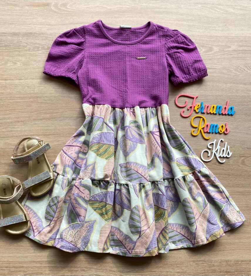 Vestido Infantil Feminino Curto Fúcsia Estampado Fernanda Ramos Kids