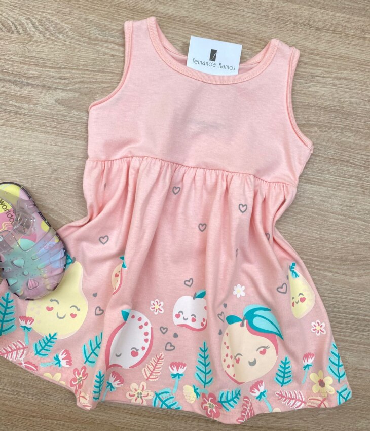 fernandaramoskids com br Vestido Infantil Feminino de Malha Estampado Fundo Salmão 1