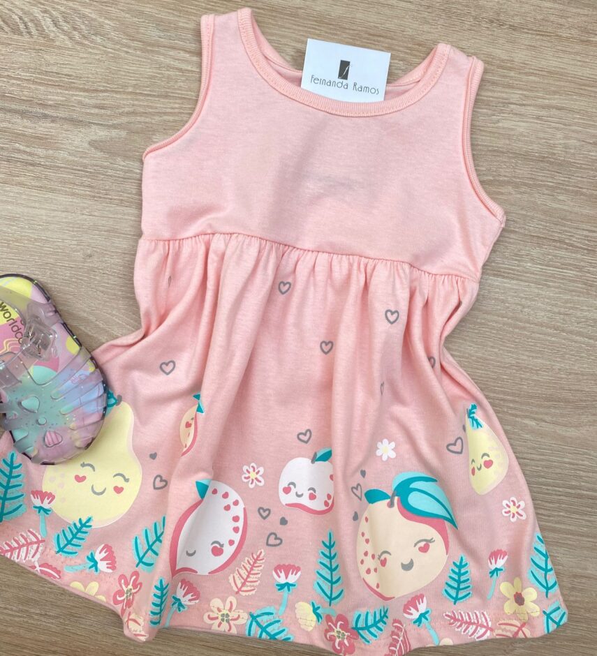 fernandaramoskids com br Vestido Infantil Feminino de Malha Estampado Fundo Salmão 1