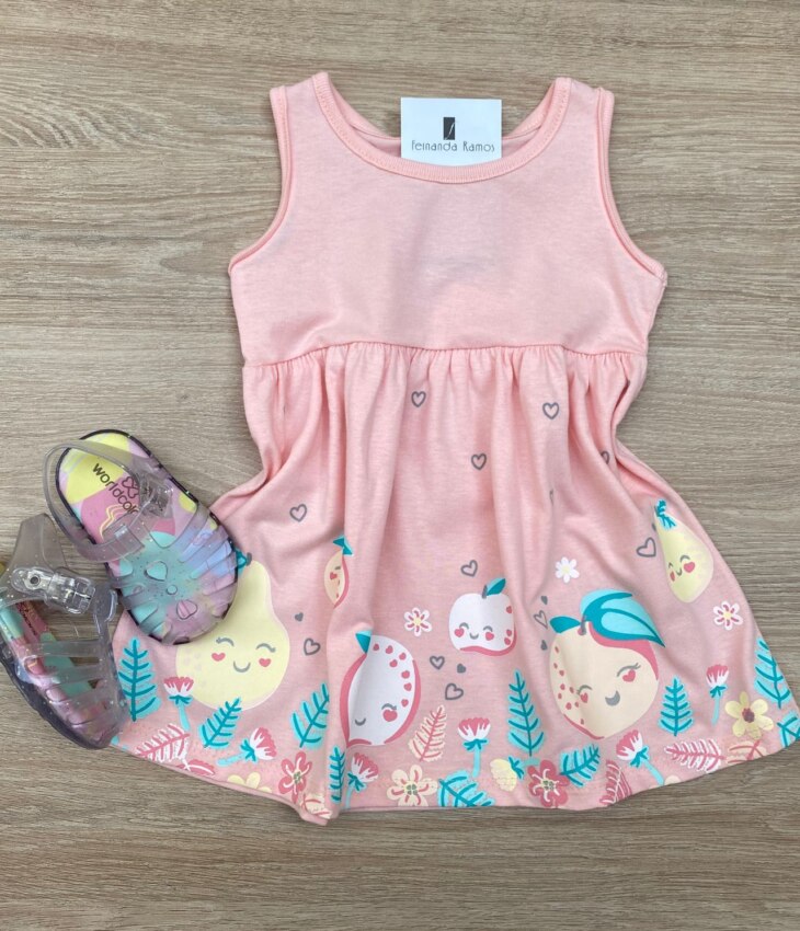 Vestido Infantil Feminino de Malha Estampado Fundo Salmão Fernanda Ramos Kids