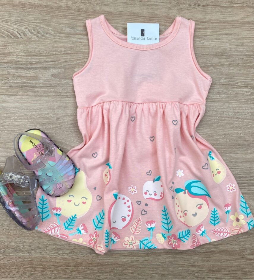 Vestido Infantil Feminino de Malha Estampado Fundo Salmão Fernanda Ramos Kids