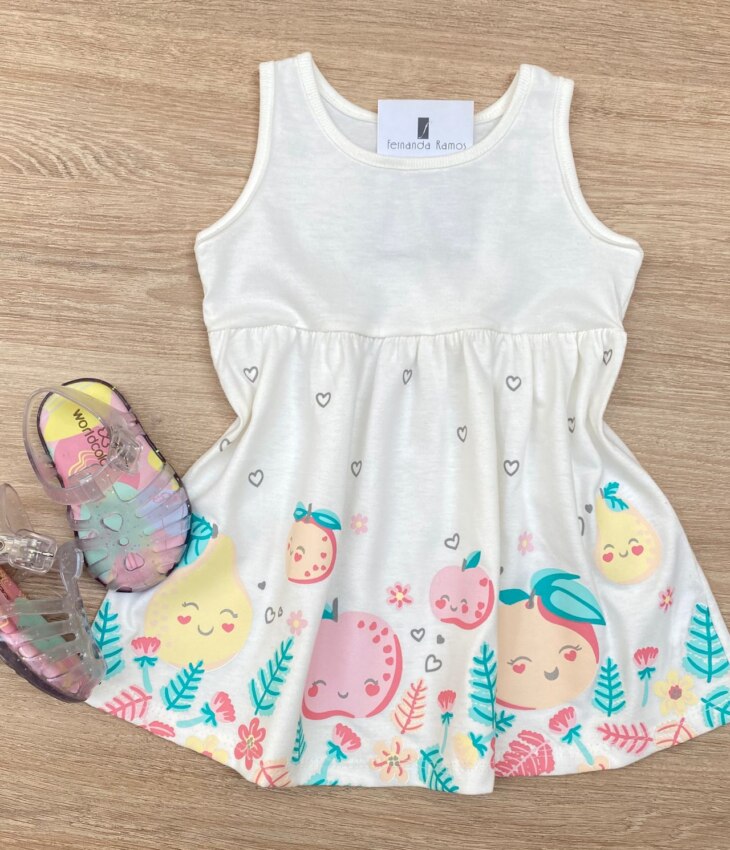 Vestido Infantil Feminino de Malha Estampado Fundo Off White Fernanda Ramos Kids