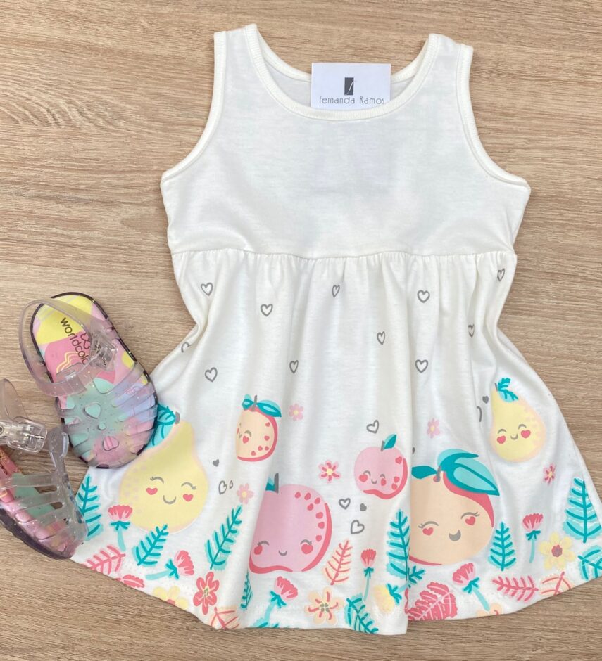 Vestido Infantil Feminino de Malha Estampado Fundo Off White Fernanda Ramos Kids