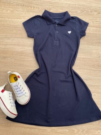 Vestido Infantil Feminino Gola Polo com Botões Azul Marinho Fernanda Ramos Kids