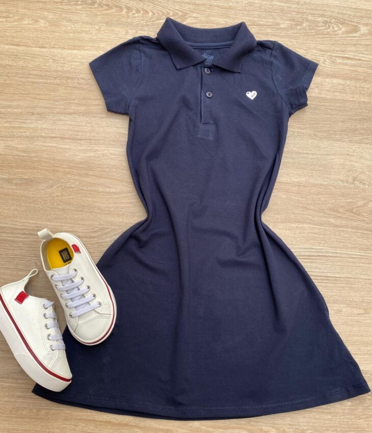Vestido Infantil Feminino Gola Polo com Botões Azul Marinho Fernanda Ramos Kids