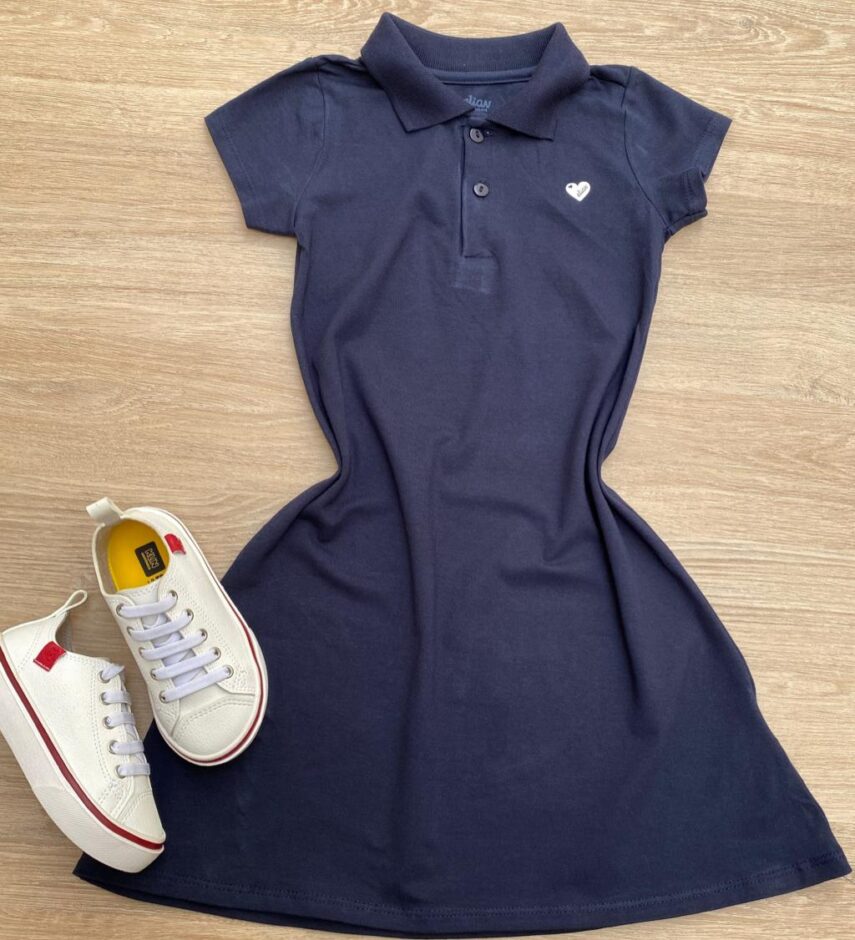 Vestido Infantil Feminino Gola Polo com Botões Azul Marinho Fernanda Ramos Kids