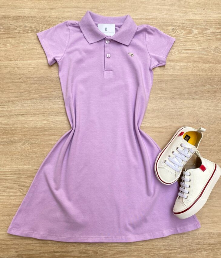 Vestido Infantil Feminino Gola Polo com Botões Lilás Fernanda Ramos Kids