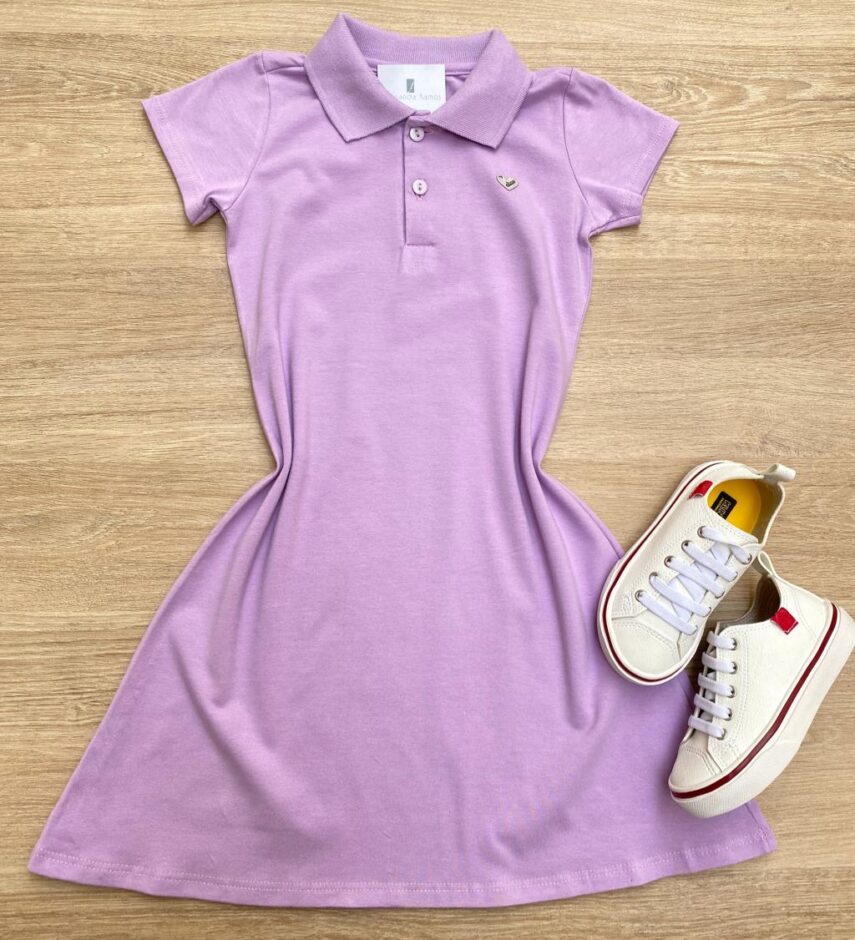 Vestido Infantil Feminino Gola Polo com Botões Lilás Fernanda Ramos Kids