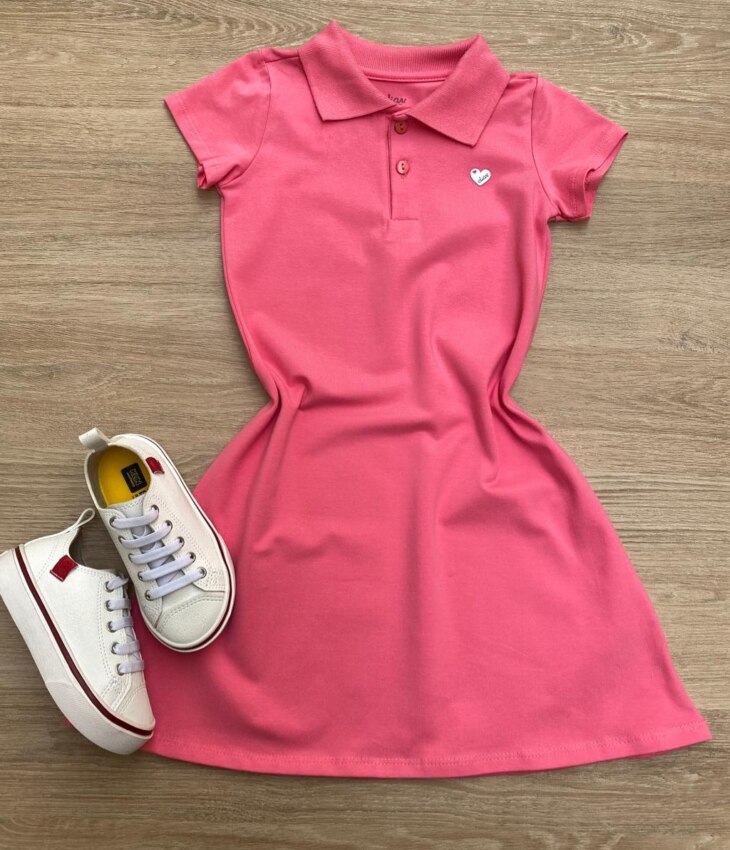 Vestido Infantil Feminino Gola Polo com Botões Rosa Fernanda Ramos Kids