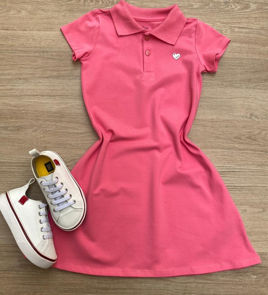 Vestido Infantil Feminino Gola Polo com Botões Rosa Fernanda Ramos Kids