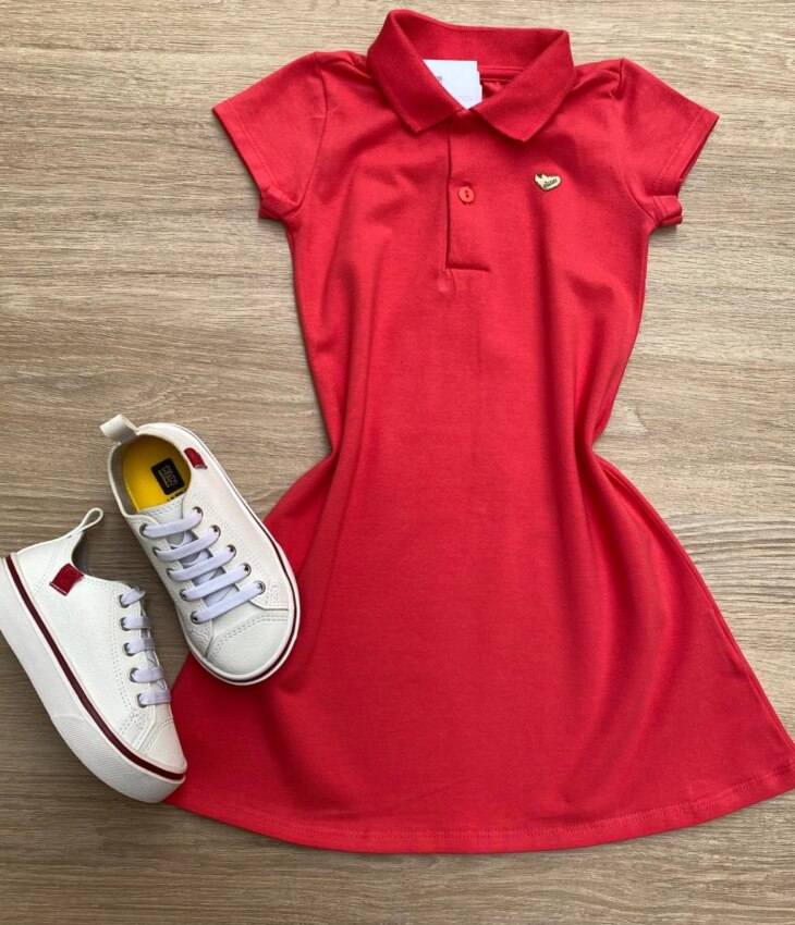Vestido Infantil Feminino Gola Polo com Botões Rosa Escuro Fernanda Ramos Kids