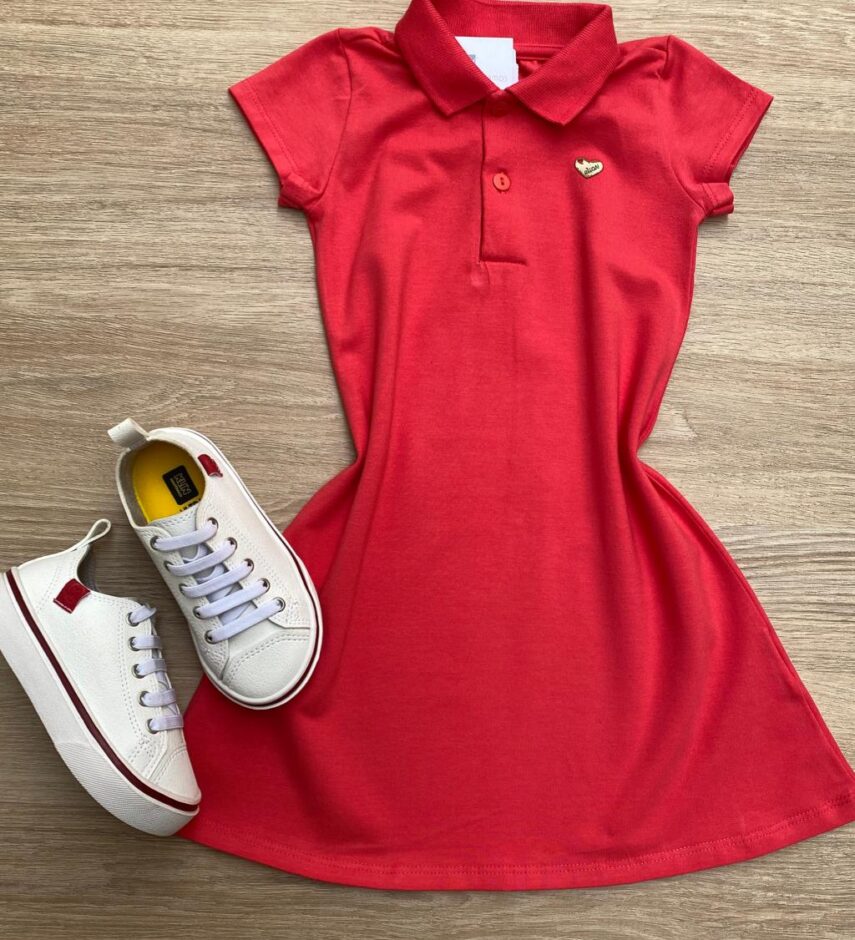 Vestido Infantil Feminino Gola Polo com Botões Rosa Escuro Fernanda Ramos Kids