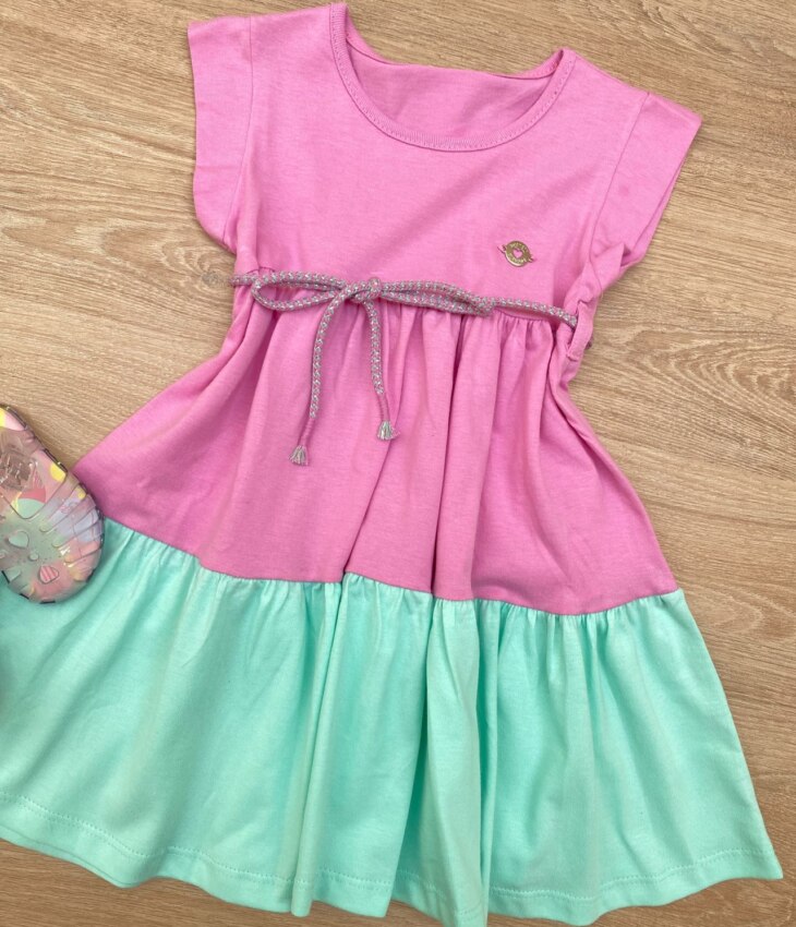 fernandaramoskids com br Vestido Infantil Feminino Manga Curta com Amarração Lilás e Verde 1
