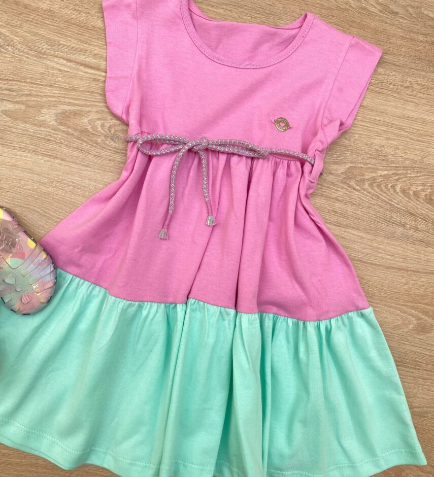 fernandaramoskids com br Vestido Infantil Feminino Manga Curta com Amarração Lilás e Verde 1