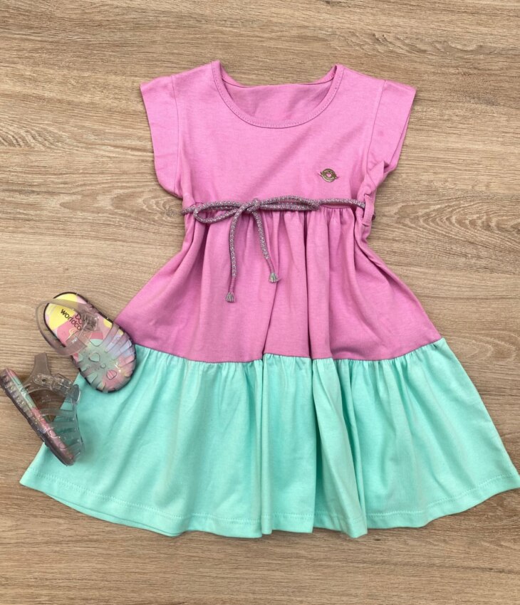 Vestido Infantil Feminino Manga Curta com Amarração Lilás e Verde Fernanda Ramos Kids