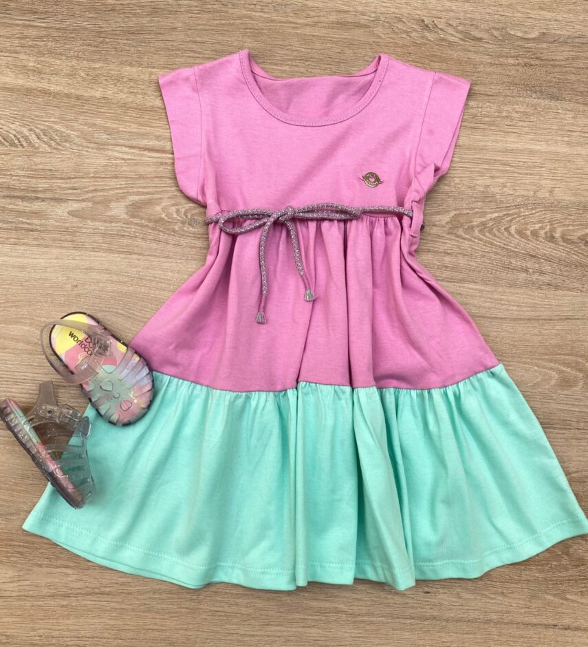 Vestido Infantil Feminino Manga Curta com Amarração Lilás e Verde Fernanda Ramos Kids