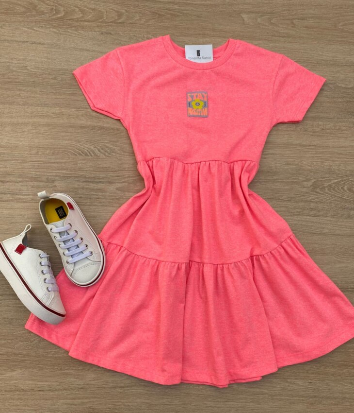 Vestido Infantil Feminino Manga Curta Pink Flúor Fernanda Ramos Kids