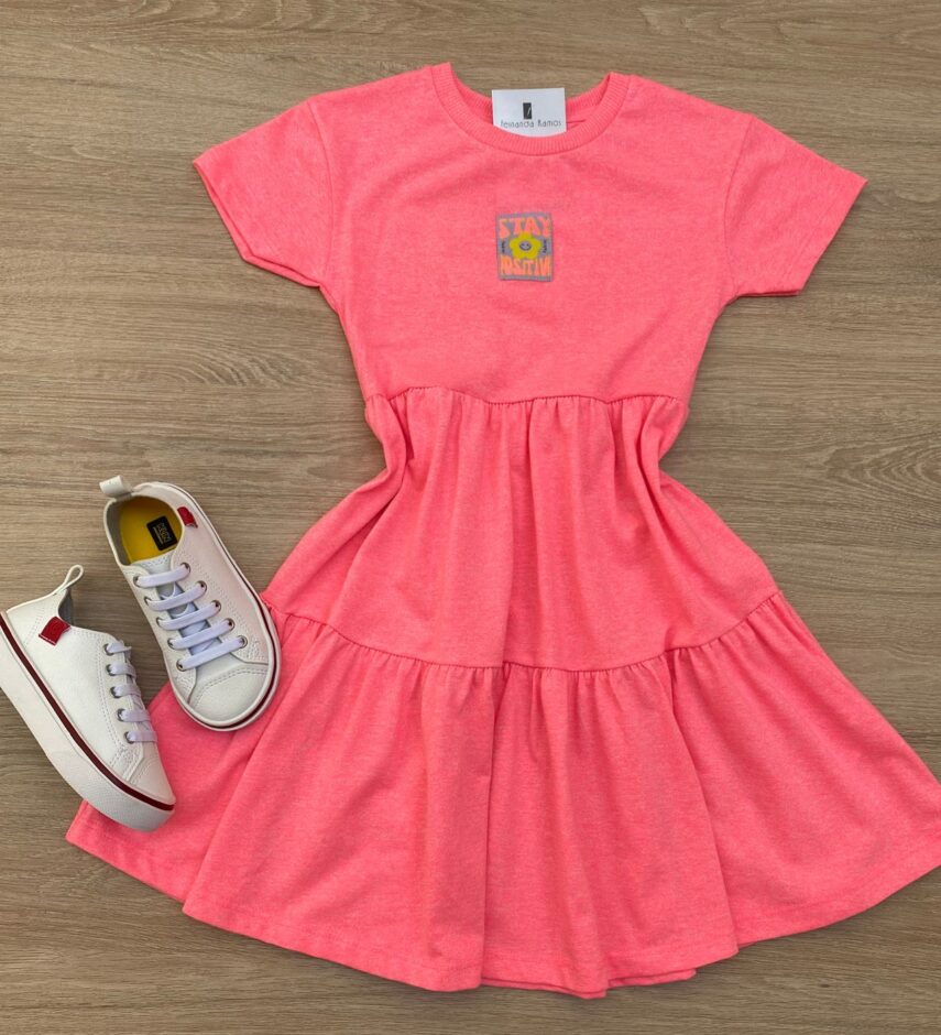 Vestido Infantil Feminino Manga Curta Pink Flúor Fernanda Ramos Kids