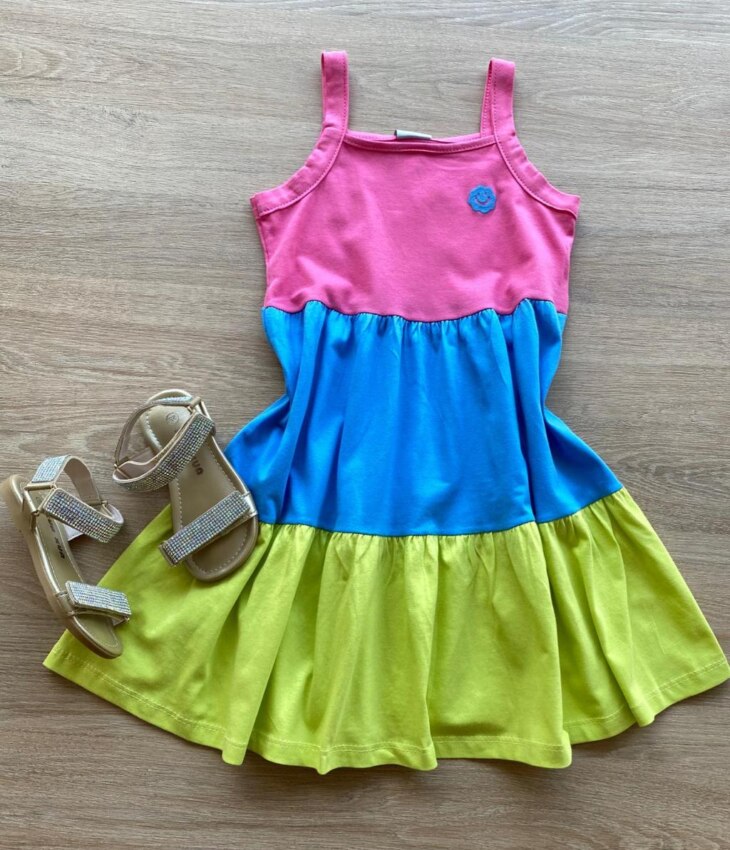 Vestido Infantil Feminino Marias Rosa, Azul e Verde Fernanda Ramos Kids